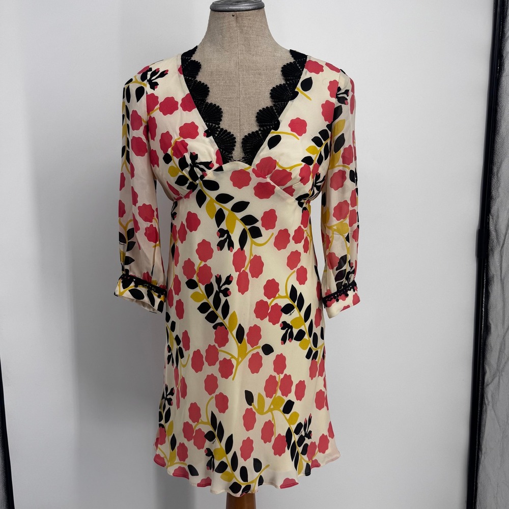 Milly Floral Silk Mini Dress 2 Pink Lace Trim V-Neck Empire Waist Tie Back